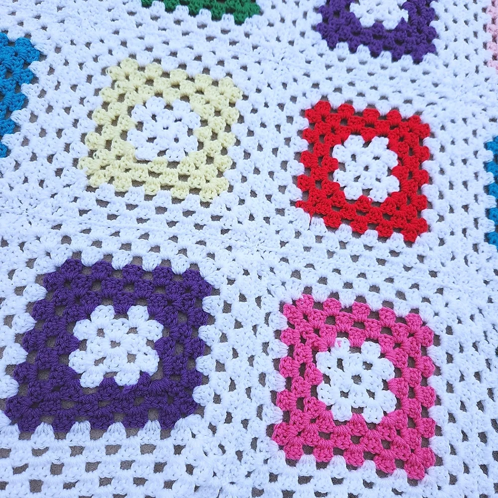 Vintage Homemade Crocheted Multicolor Square Design Afghan Throw Blanket